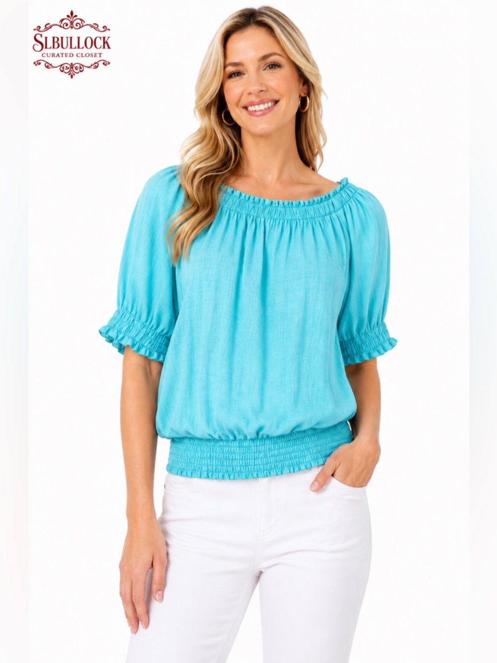 T18 Ann Taylor Factory Size Small Aqua Blue 100% Rayon Off-Shoulder Blouse